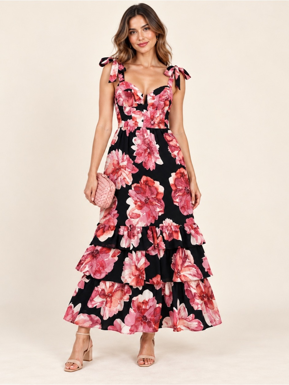 Tie-Shoulder Maxi Dress with Pink Floral Print on Black